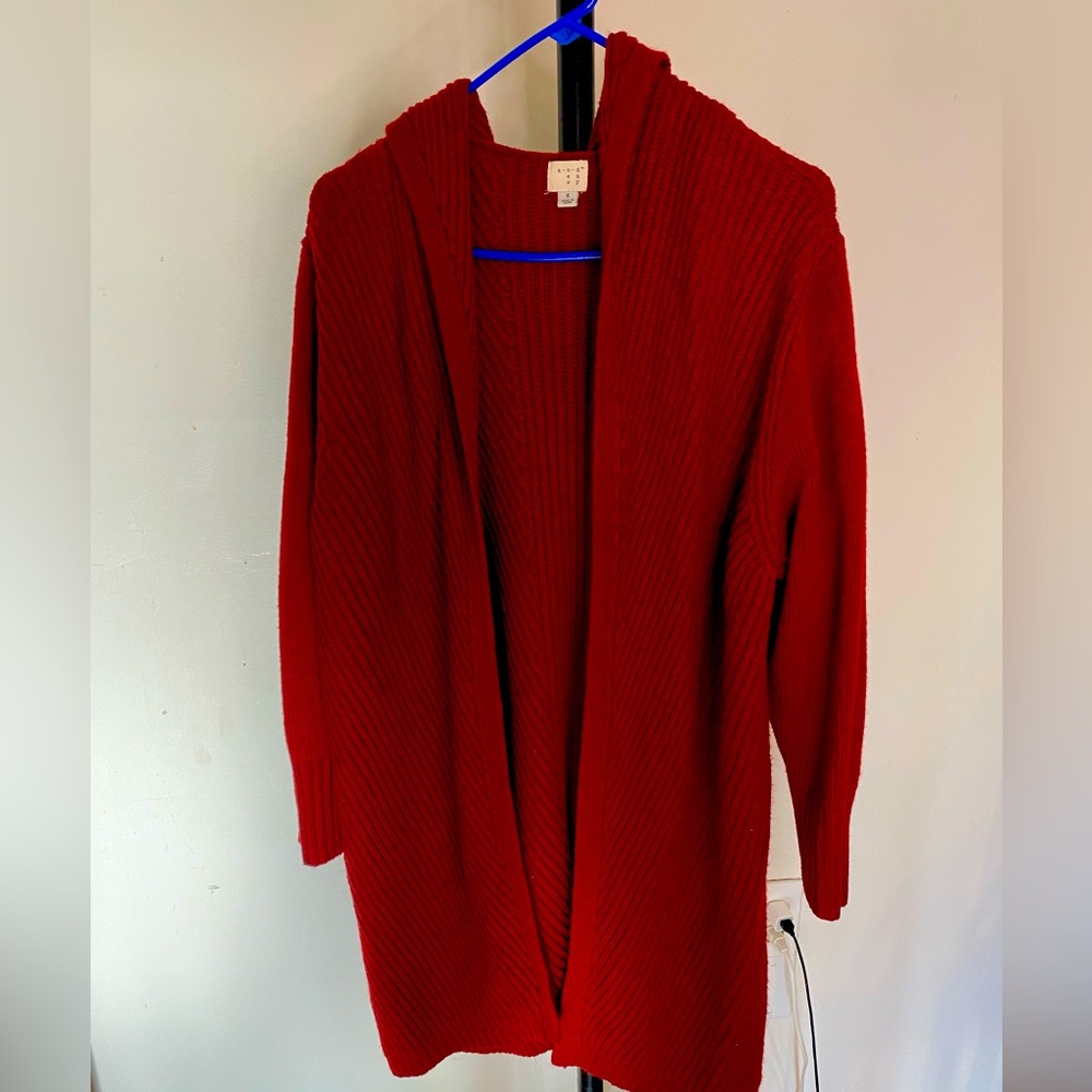 Red long cardigan with hood